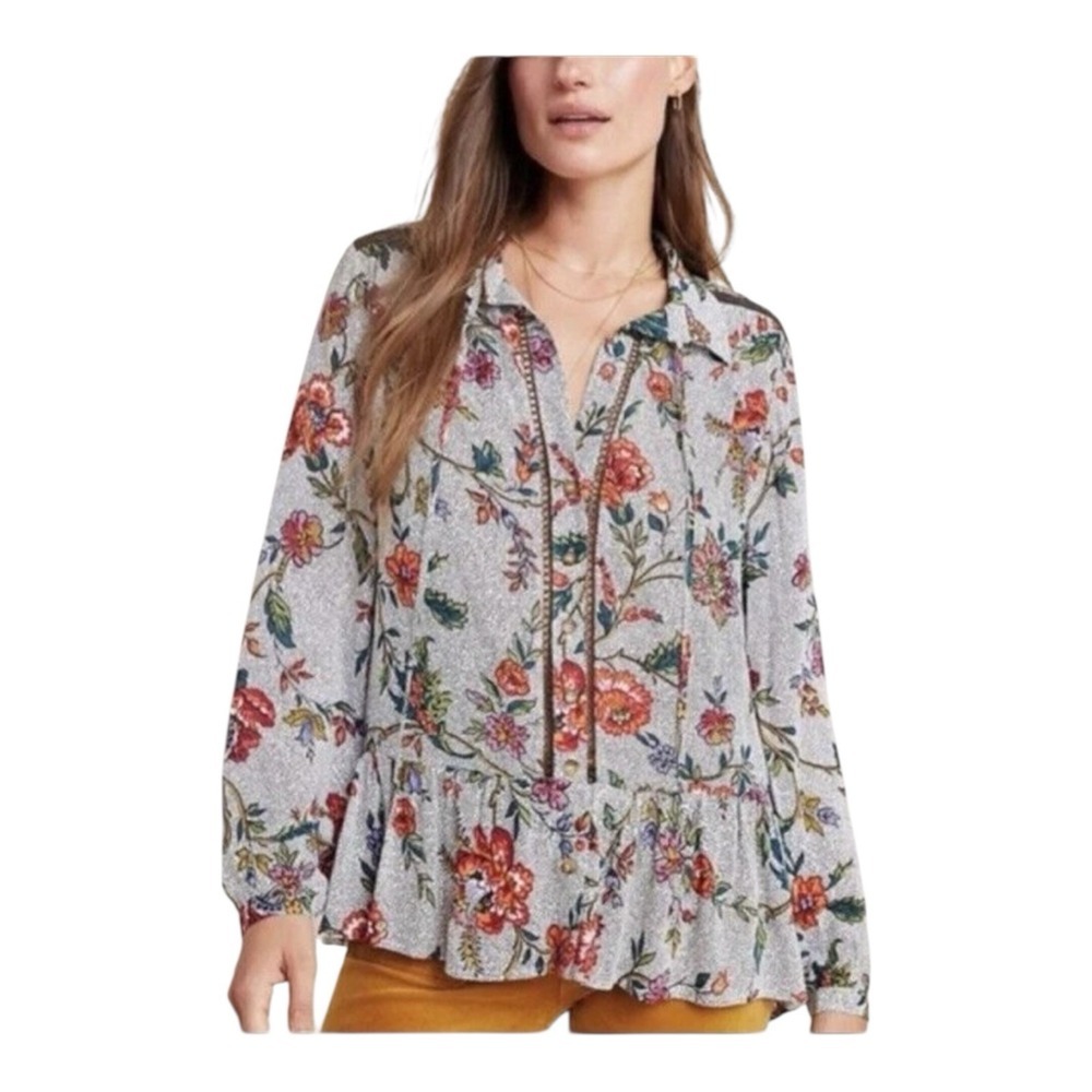 Anthropologie Maeve Sz 6 Janie Polka Dot Floral Peplum Long Sleeve Blouse